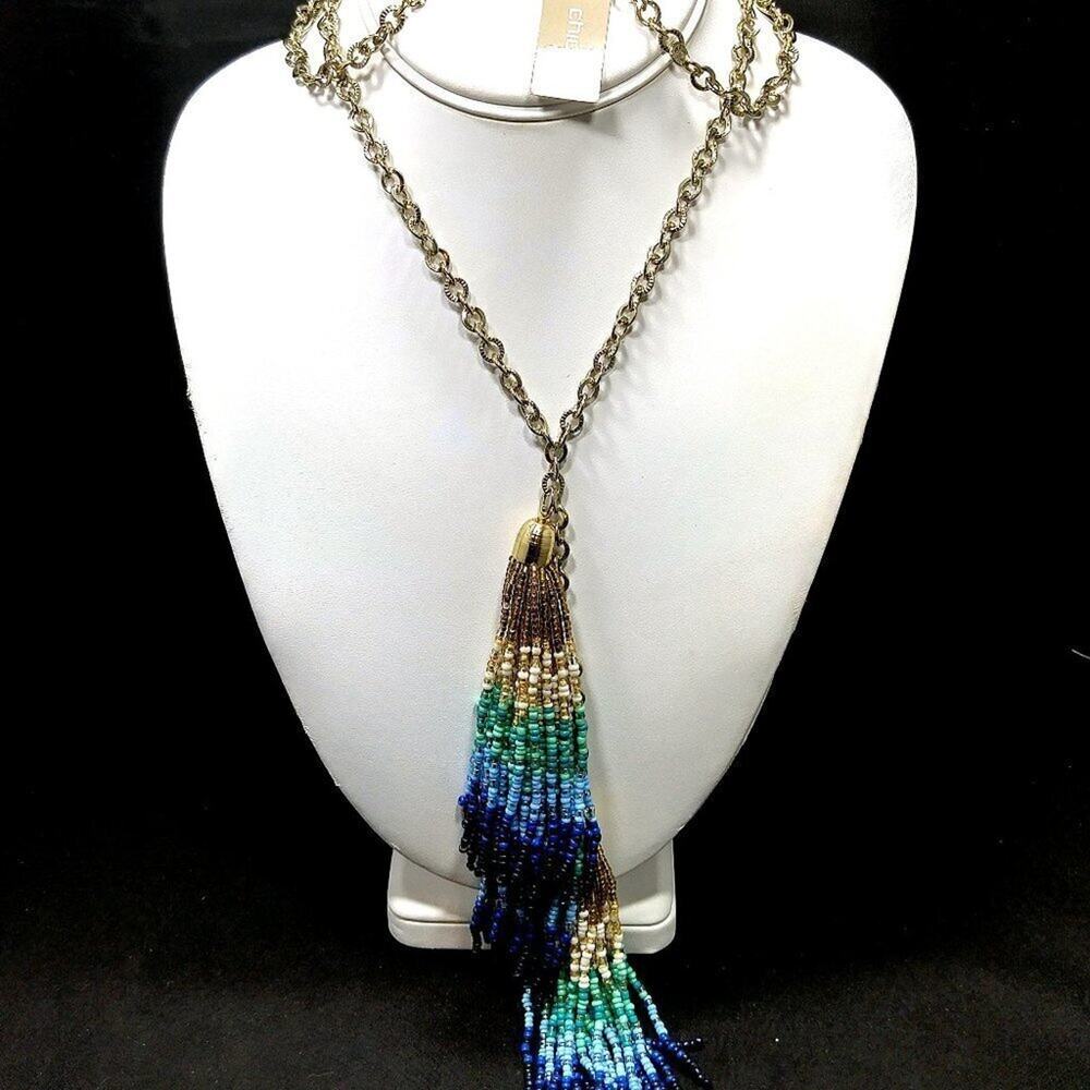 Chico's Blue Green Gold Seed Bead 3 Tassel Necklace, New With Tags, 36 Inches